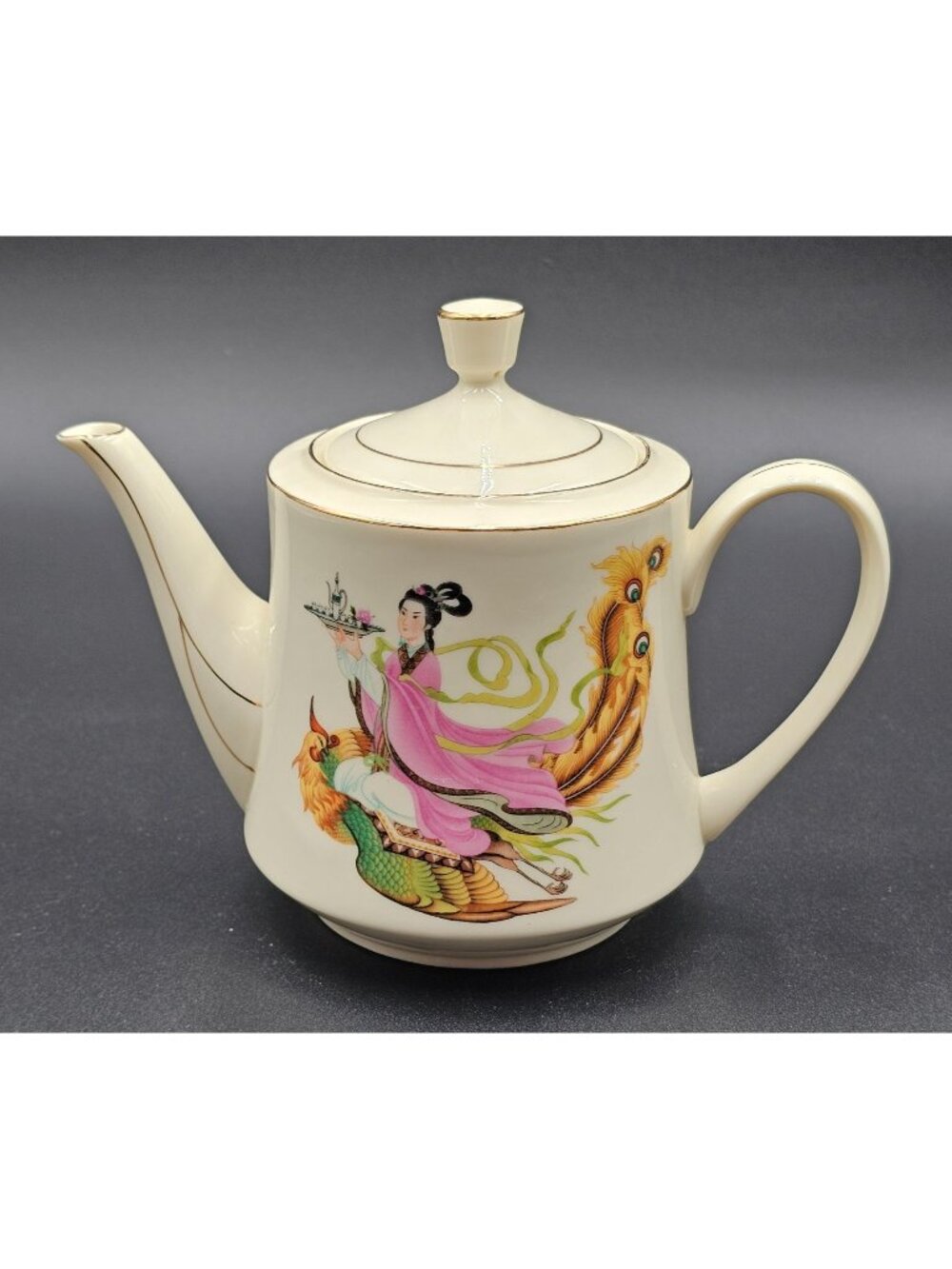 VTG MCM Elegant Porcelain Teapot With Hand-Painted Phoenix Design & Gold Trim